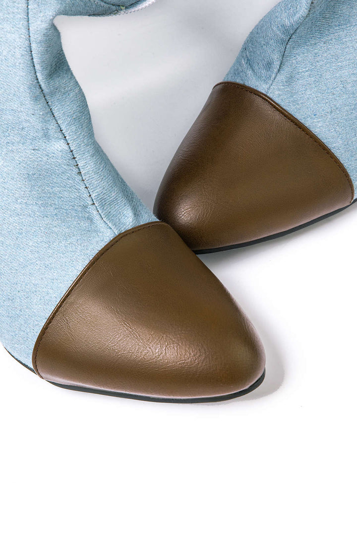 Chloe | Denim Knee-High Boots with Heel & Adjustable Brown Belt