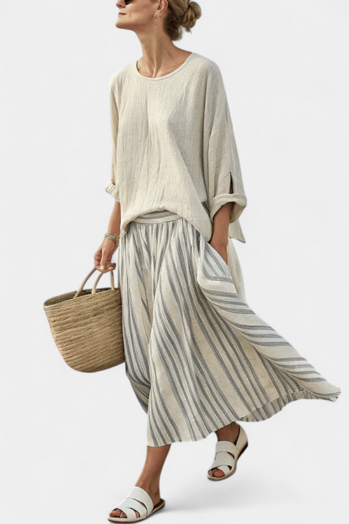 Aurcyn | Comfortable Loose Blouse & Striped Midi Skirt