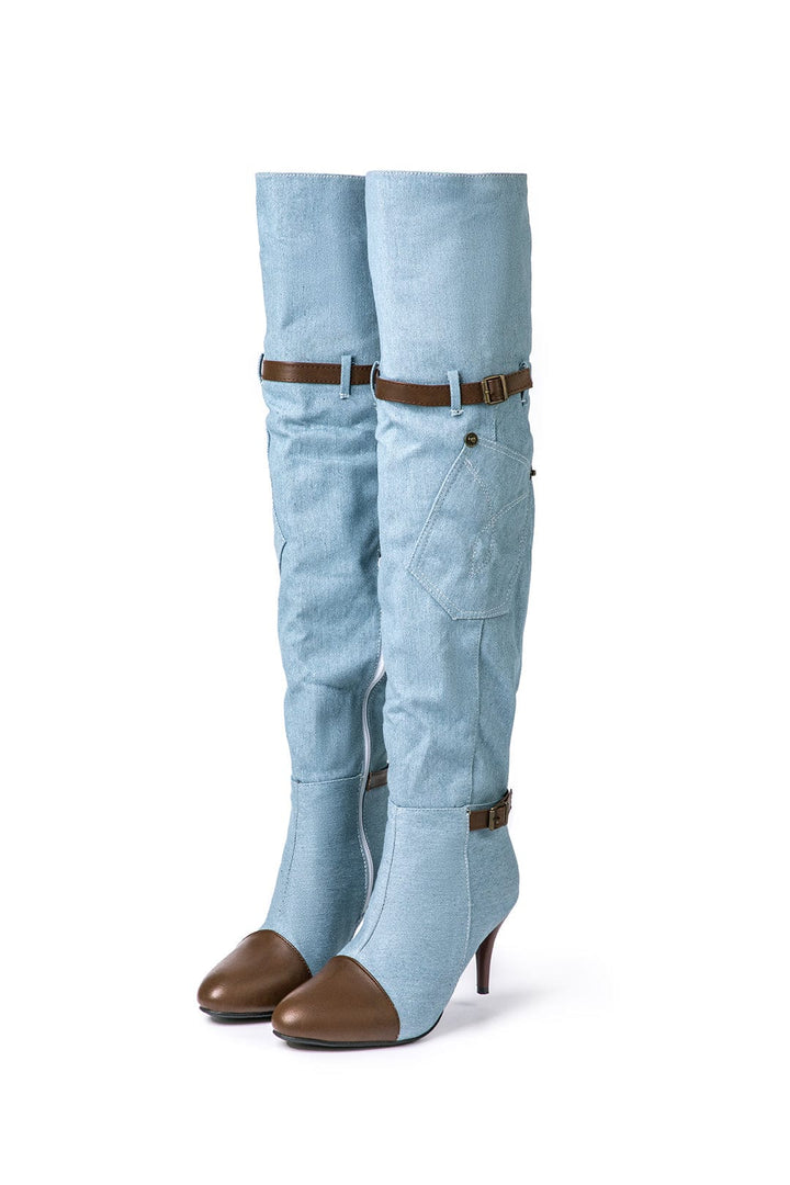Chloe | Denim Knee-High Boots with Heel & Adjustable Brown Belt