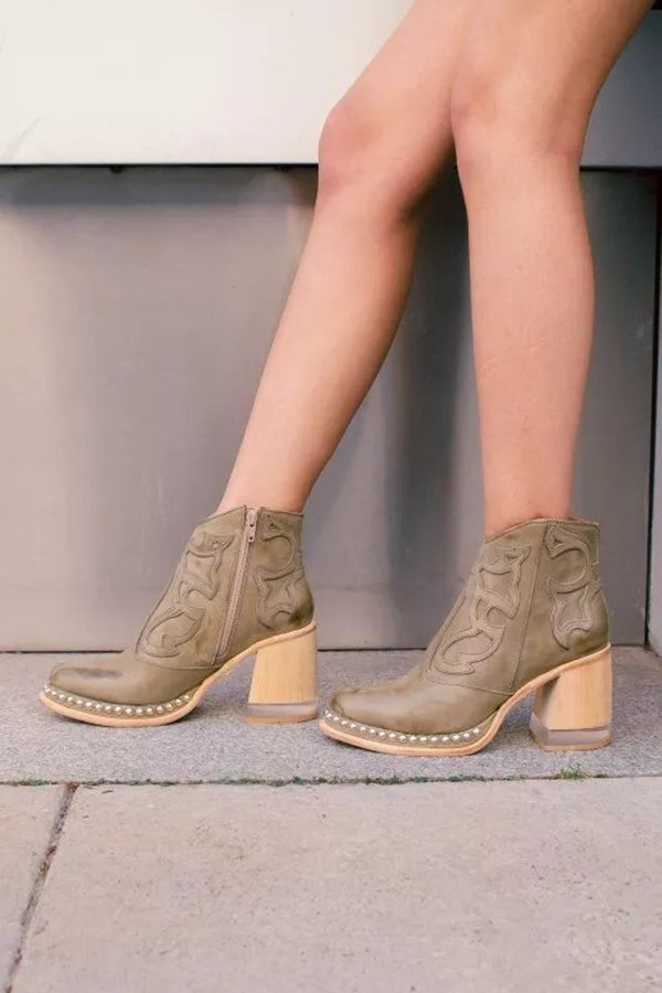 Elisa | Western Ankle Boots in Nude with Block Heel & Studs