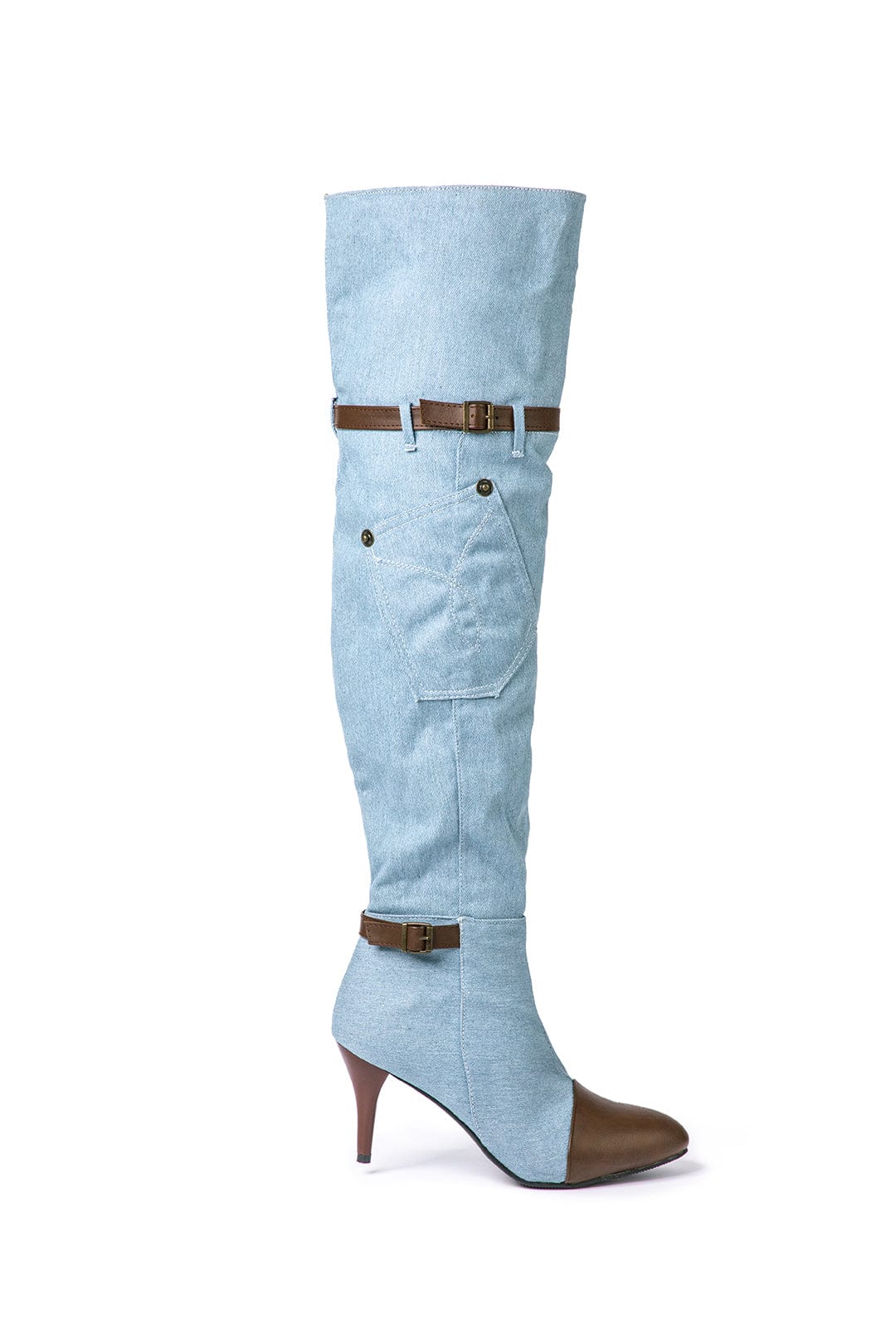 Chloe | Denim Knee-High Boots with Heel & Adjustable Brown Belt