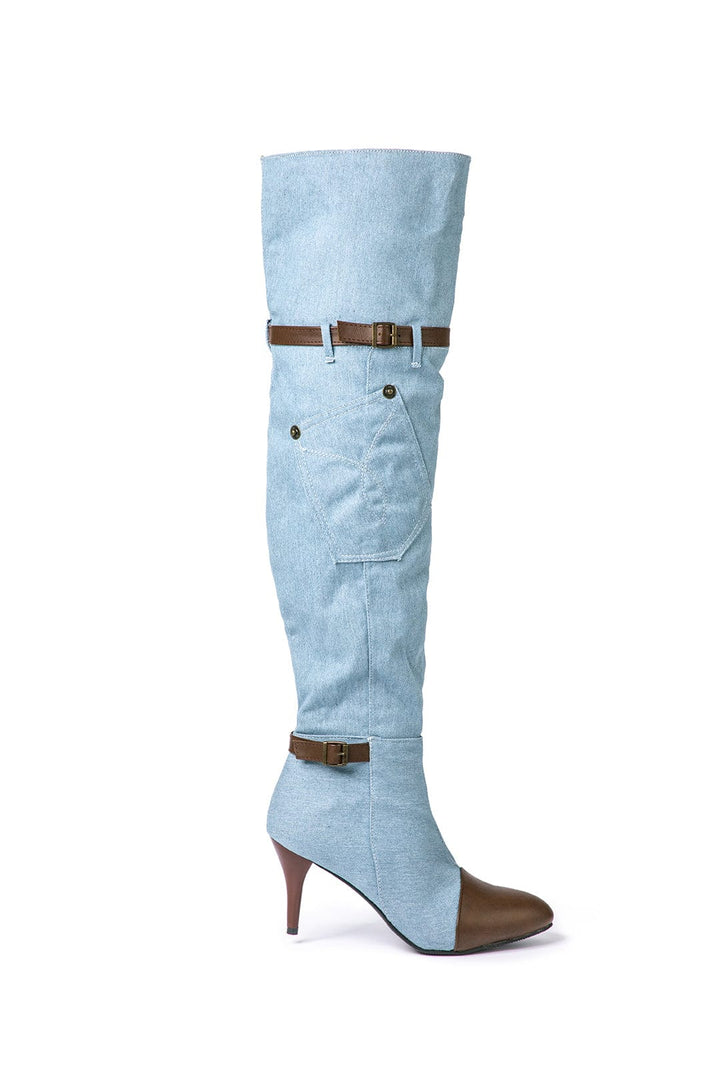 Chloe | Denim Knee-High Boots with Heel & Adjustable Brown Belt