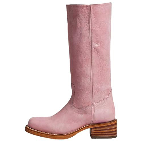 Women's Western Style Leather Boots with Block Heel