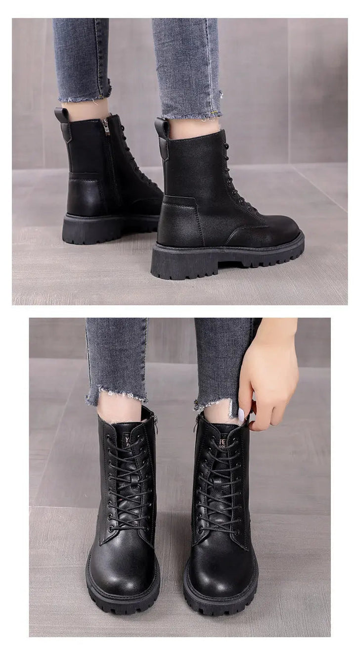Lia | Black Leather Lined Lace-Up Boots with Profile Sole