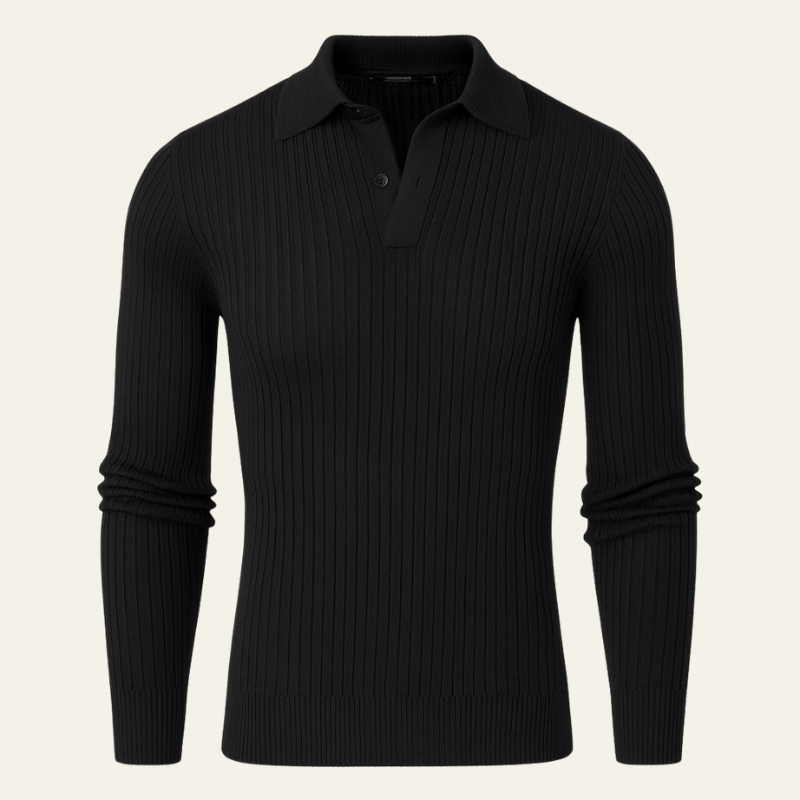 Men’s Long-Sleeve Ribbed Cotton Polo | Black
