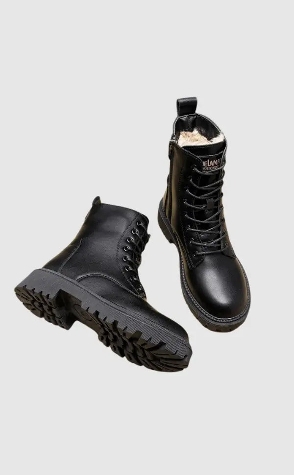 Lia | Black Leather Lined Lace-Up Boots with Profile Sole