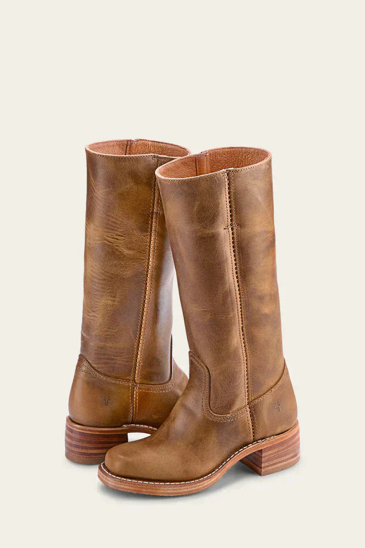 Women's Western Style Leather Boots with Block Heel