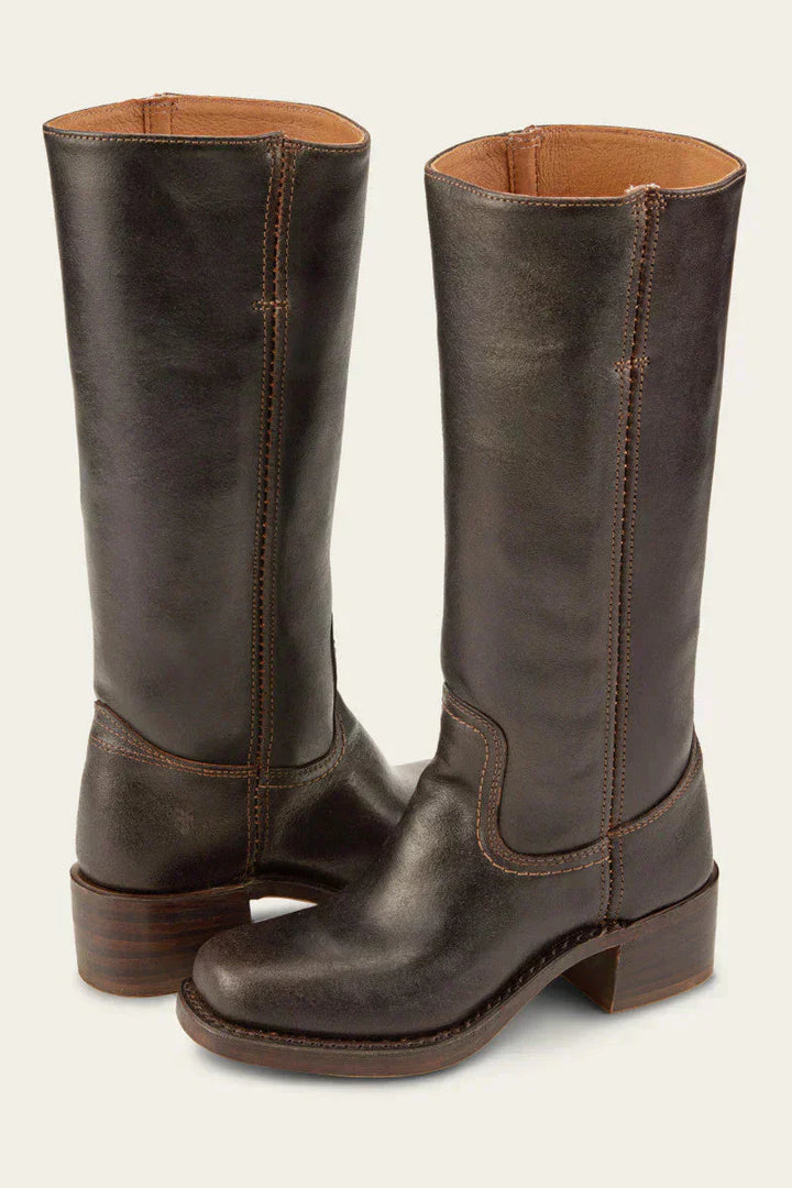 Women's Western Style Leather Boots with Block Heel