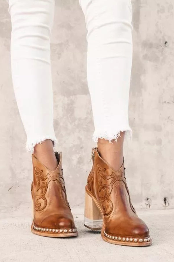Elisa | Western Ankle Boots in Nude with Block Heel & Studs