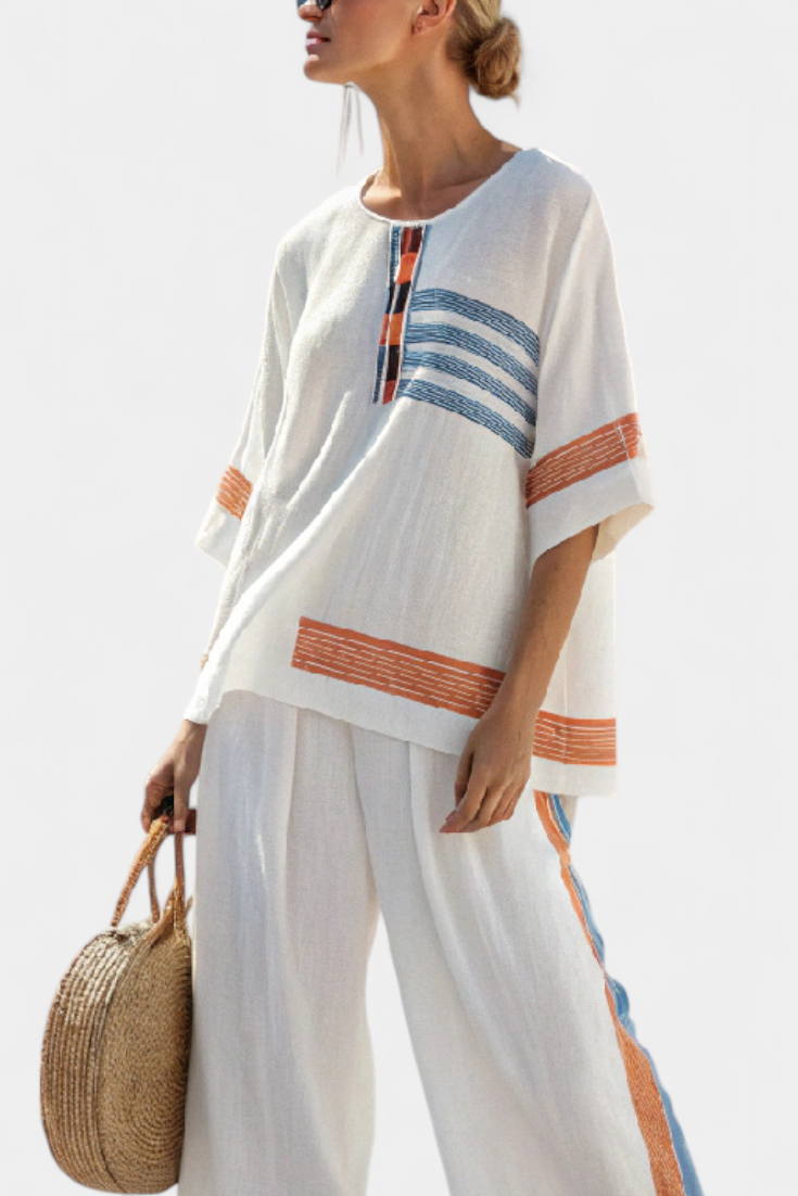 Marcellin | Sophisticated Blue-Orange Striped Top & Pants