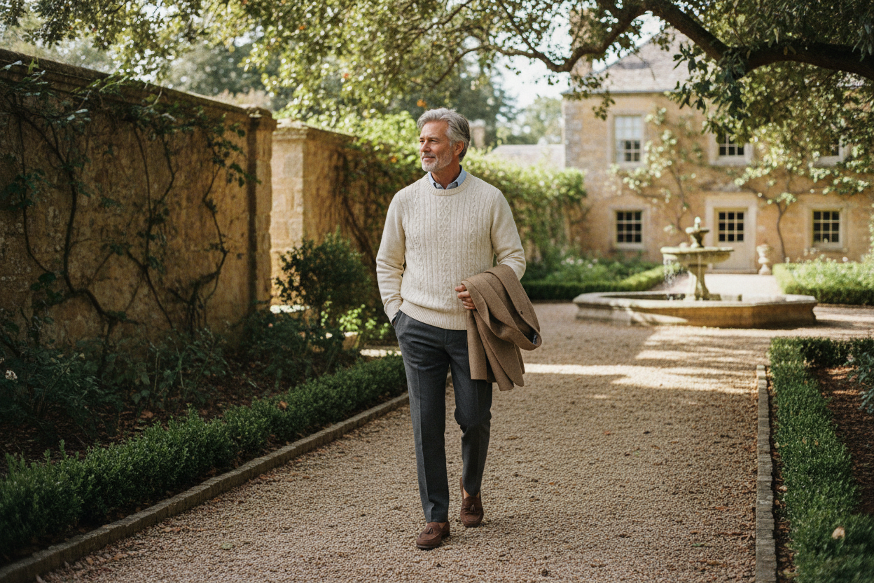 Ultra-realistic lifestyle photoshoot of an American man aged 40–60 in an understated old money setting, used as a calm visual break between product sections. Muted ivy green, olive, and warm stone tones dominate the scene, blending naturally with the brand’s green color palette. The man is captured in a relaxed moment, walking or standing naturally, wearing classic knitwear or a tailored jacket without posed styling. Soft natural light, minimal contrast, no AI look, no fashion editorial feel. Timeless, quie